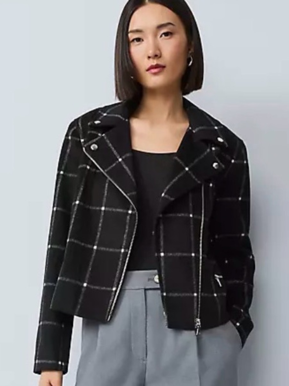 Ann Taylor Moto zip windowpane plaid print jacket medium petite NWT